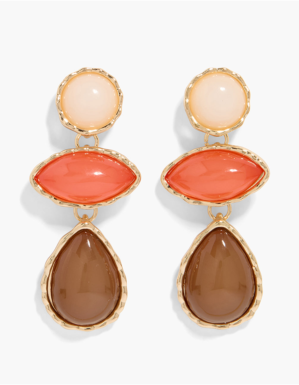 Showcasing three-part drop earrings in gold with oval stone and brown acrylic featuring peachpuff and coral accents front view