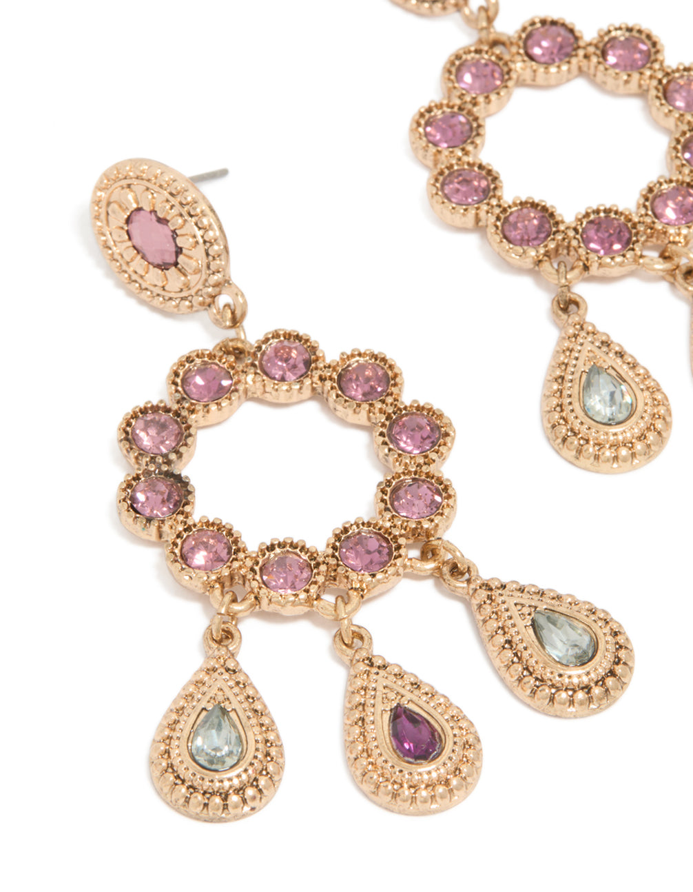 Detailed view of antique gold pink and clear diamante round drop earrings with intricate stone settings close up view