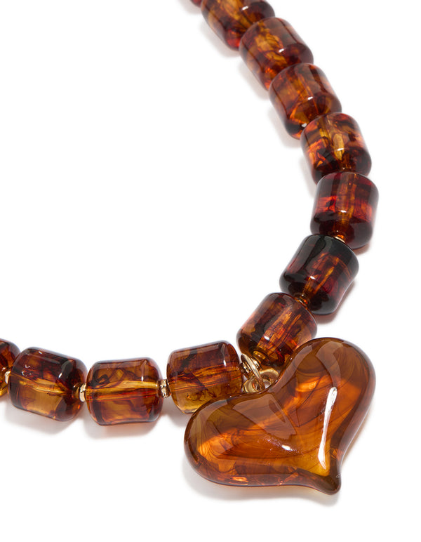 Brown Square Bead & Heart Pendant Necklace