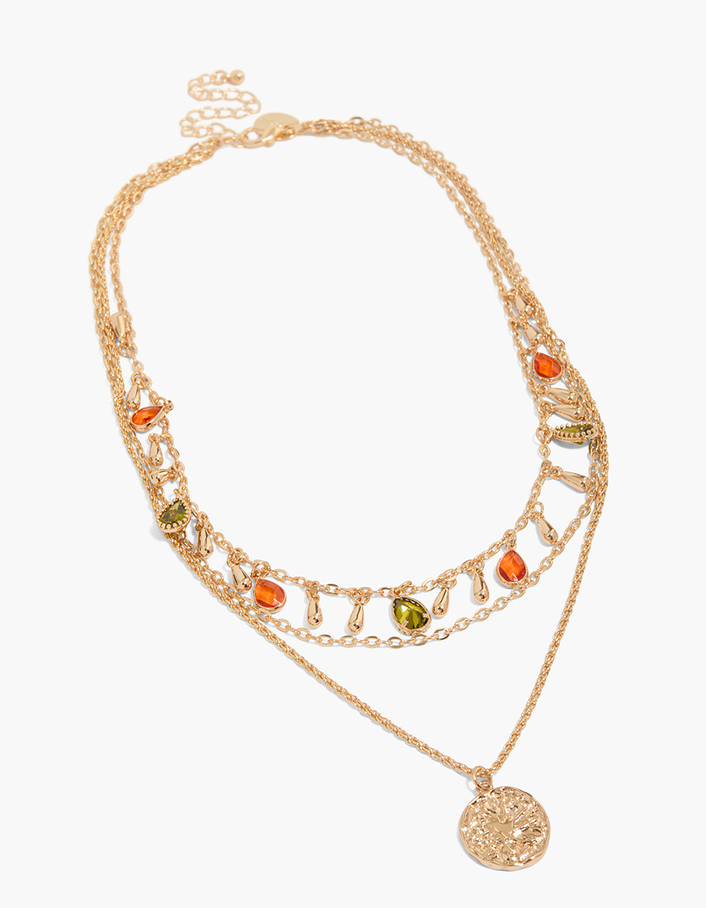 Discover this gold orange and green diamante layered necklace featuring charm details in a statement style front view