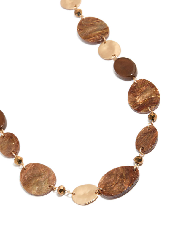 Gold Glittery Brown Ovals Long Necklace