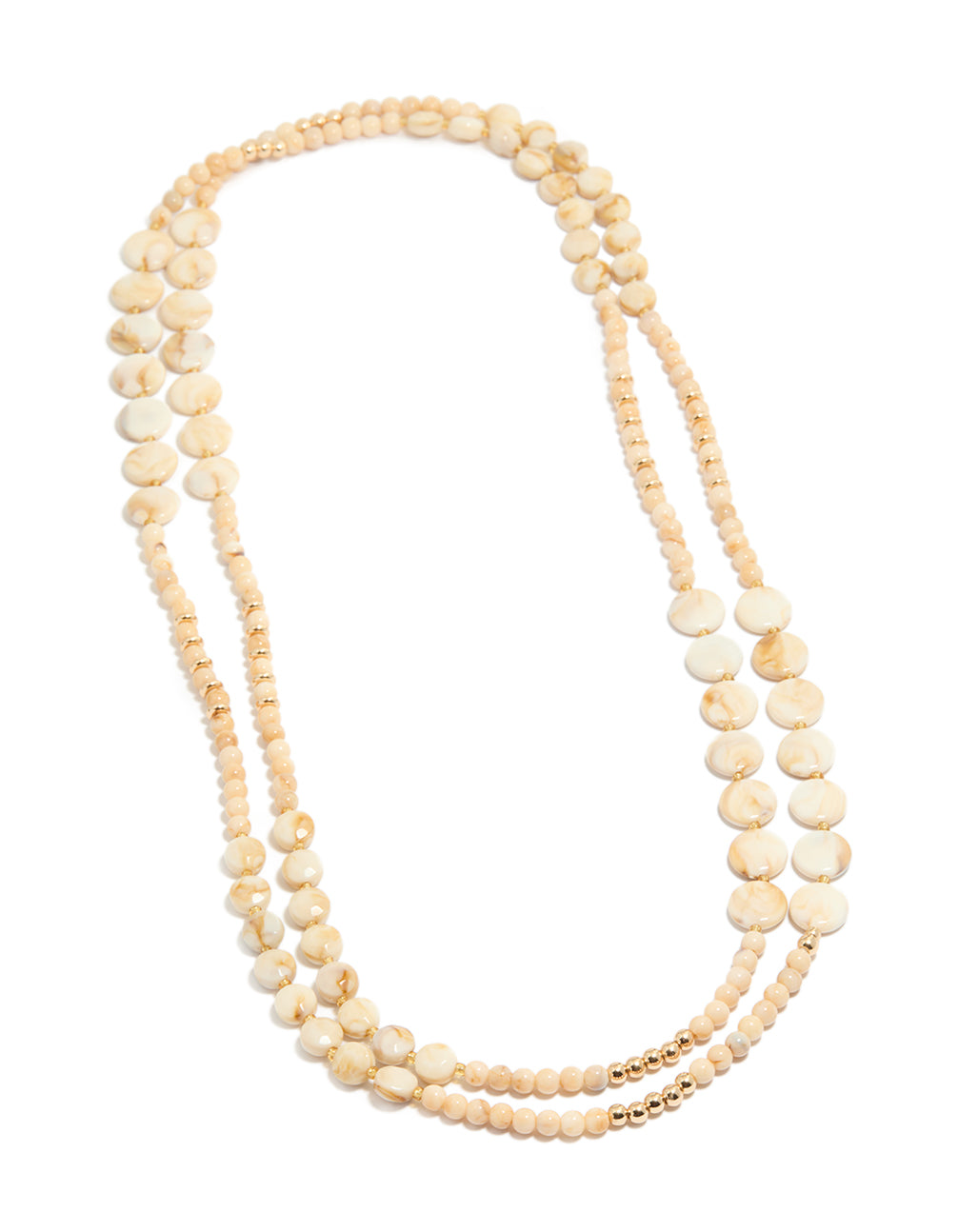 Showcasing cream acrylic beaded layered necklace with balls, round stone disc in beige ivory gold front view