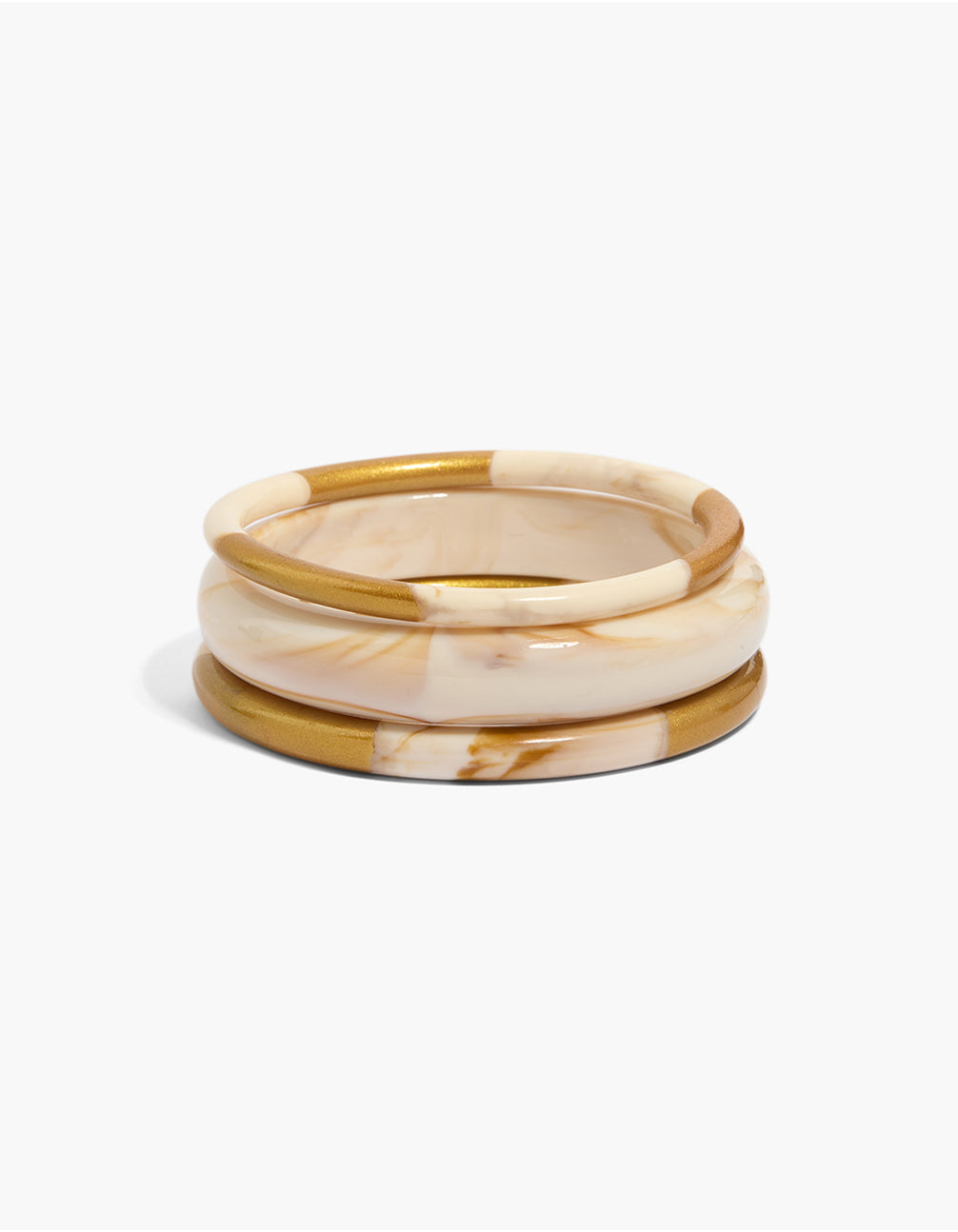 Featuring a 3-pack of brown and cream acrylic colour block bangles in gold front view