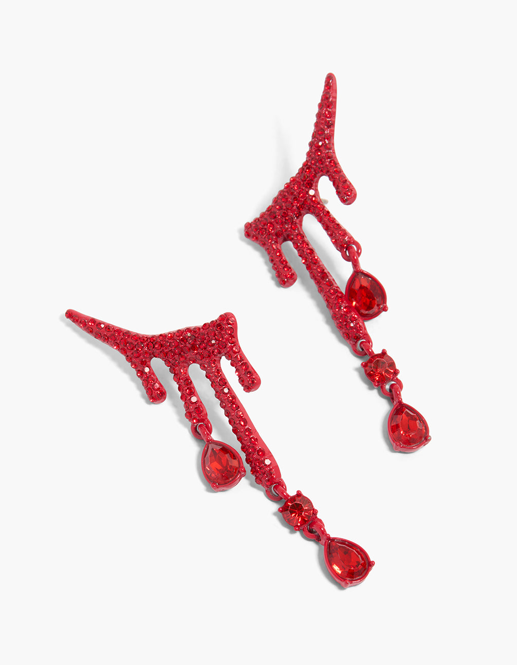 Showcasing red coated metal blood droplet drop earrings featuring statement charm design with glitter front view
