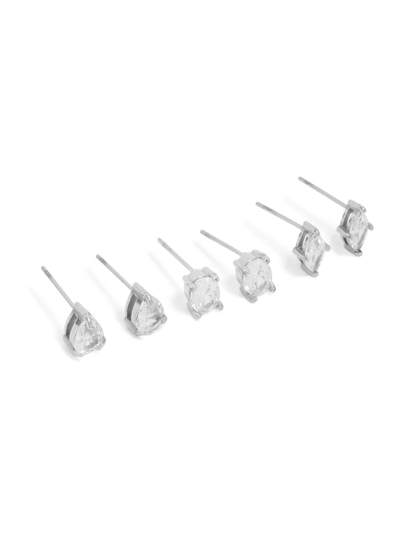 Discover waterproof stainless steel classic stud earrings featuring marquise and pear cut cubic zirconia in silver and clear tone, 3-pack front view