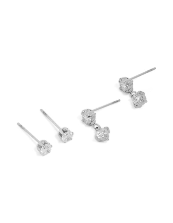 Showcasing waterproof stainless steel cubic zirconia round stud and drop earrings in a 2-pack with crystal accents and statement style silver front view
