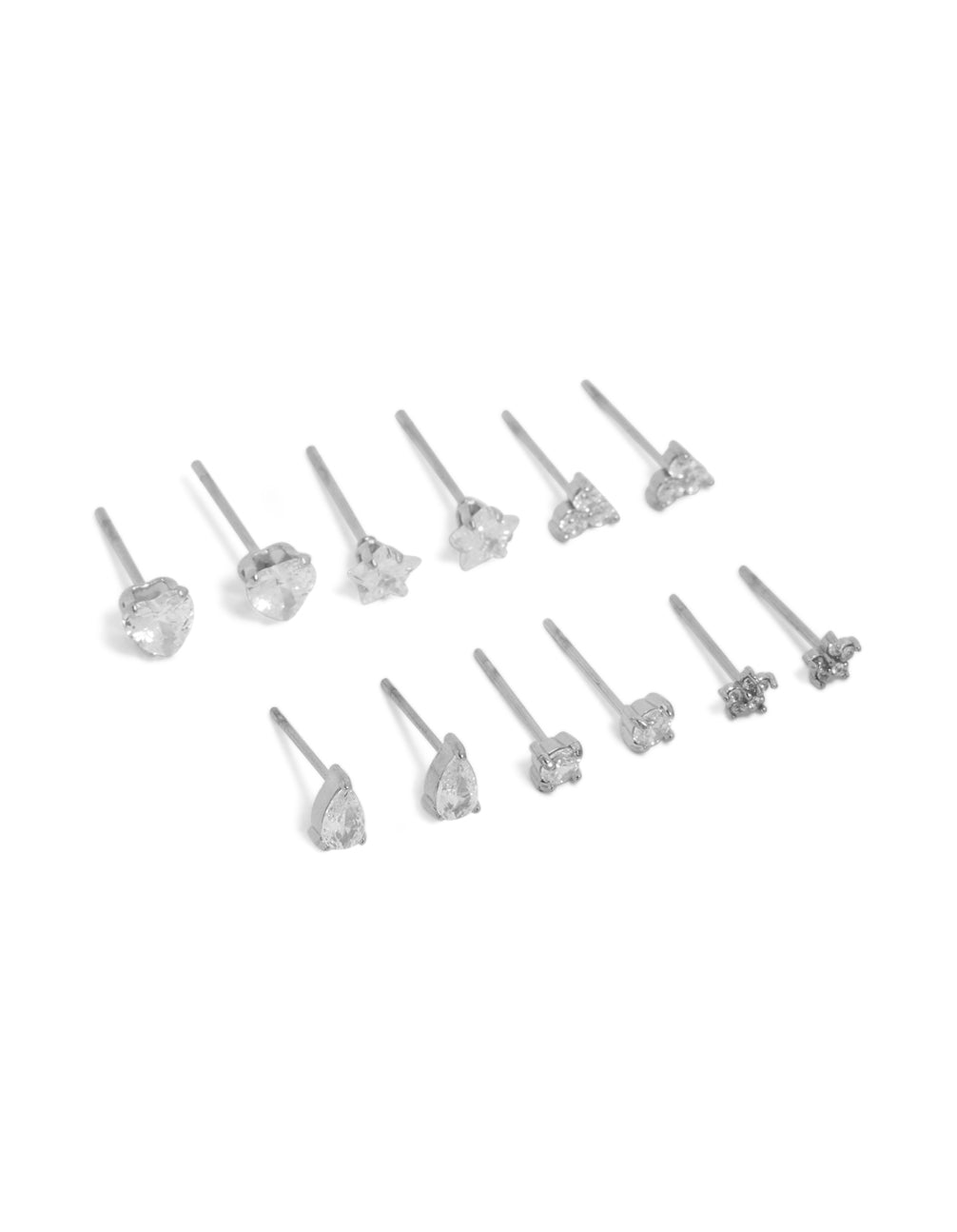Introducing waterproof stainless steel mini mixed stud earrings in a 6-pack with silver and clear tones front view