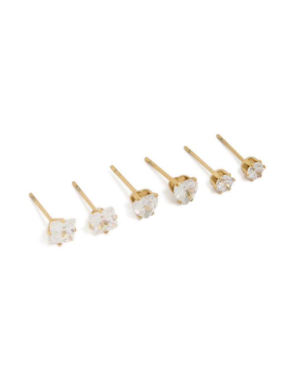 Showcasing waterproof gold plated stainless steel cubic zirconia mixed stud earrings in a 3-pack with heart feature and round stone cut front view