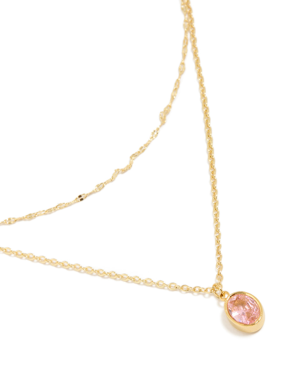 Radiant waterproof gold plated stainless steel necklace with pink cubic zirconia in fine layered style close up view