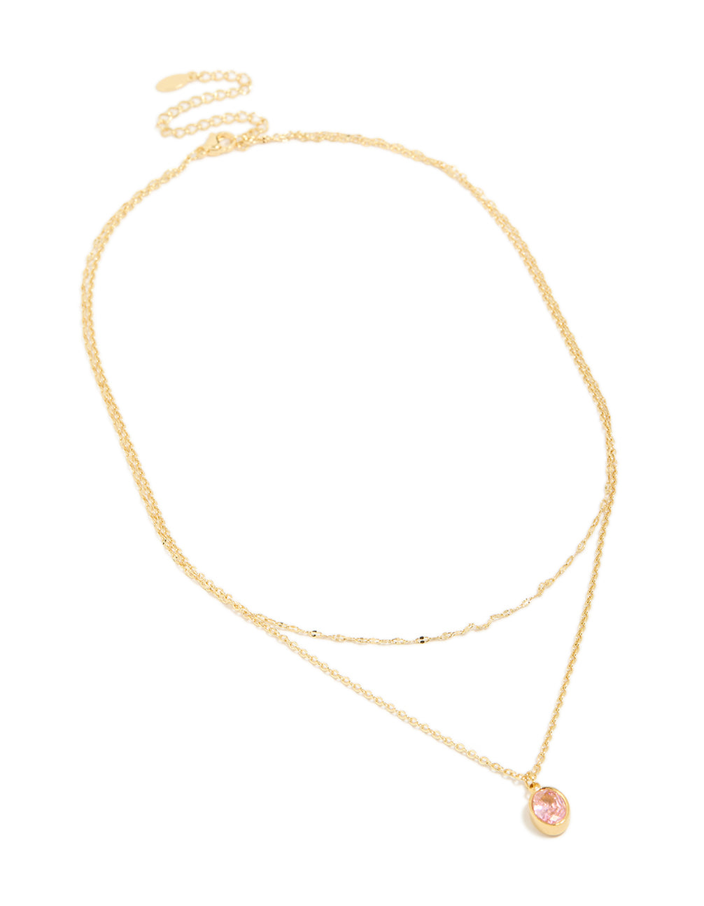 Elegant waterproof gold plated stainless steel necklace featuring pink cubic zirconia in fine layered design front view