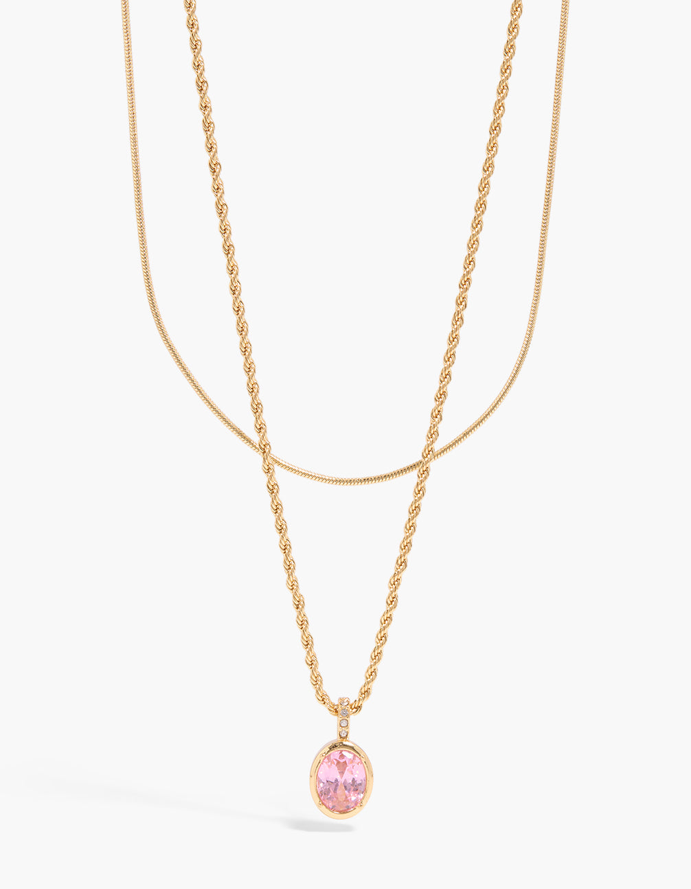 Waterproof Gold Plated Stainless Steel Pink Cubic Zirconia & Twisted Chain Layered Necklace