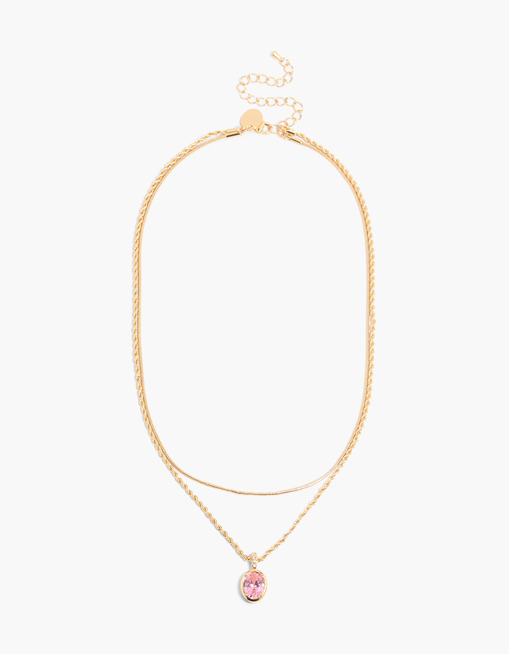 Waterproof Gold Plated Stainless Steel Pink Cubic Zirconia & Twisted Chain Layered Necklace