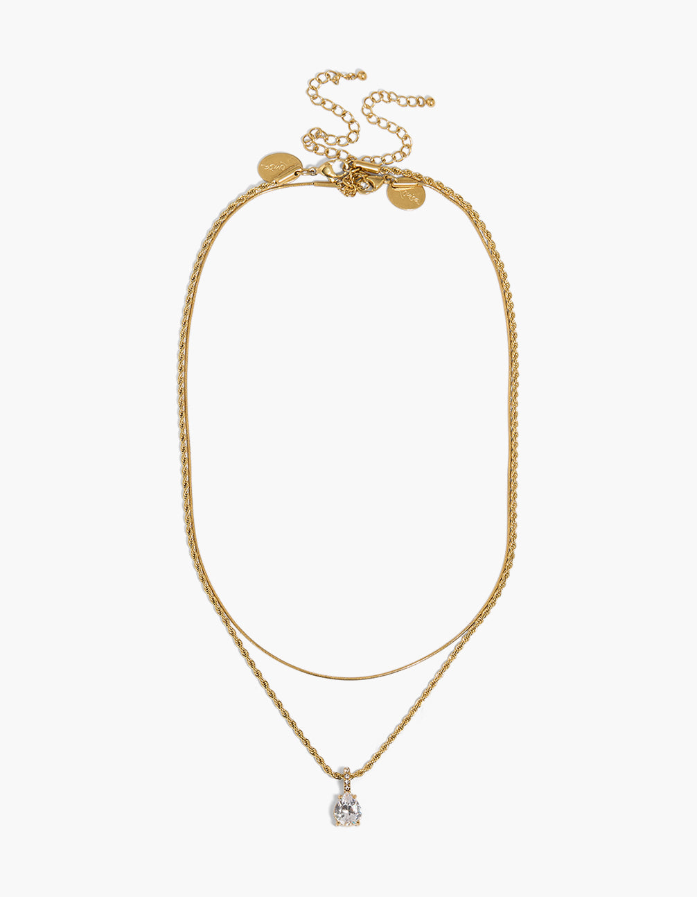 Highlighting a waterproof twisted layered necklace crafted from stainless steel with pear cut cubic zirconia pendant in gold plated crystal featuring clasp detail view