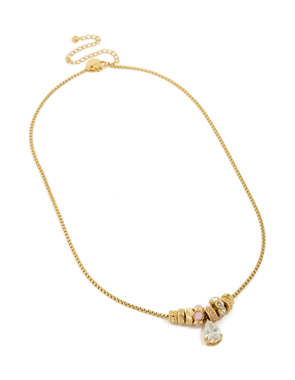 Discover a waterproof beaded charm necklace featuring pear cut cubic zirconia in gold plated stainless steel front view