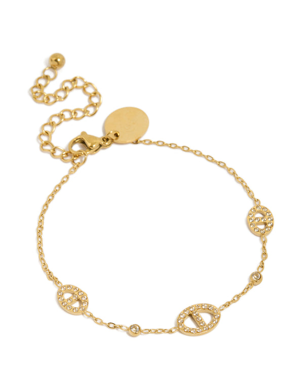 Waterproof Gold Plated Stainless Steel Cubic Zirconia Oval Station Bracelet