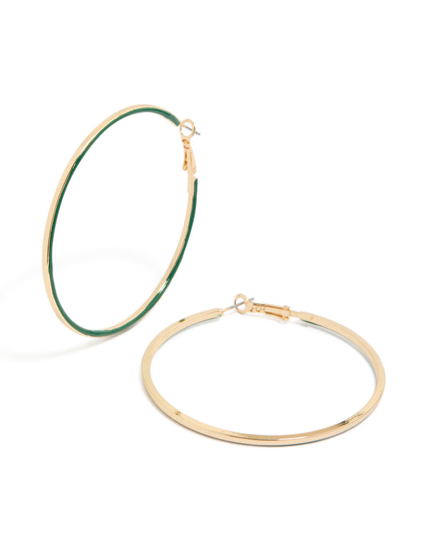 Showcasing statement hoop earrings crafted from enamel with dark green outline in gold front view