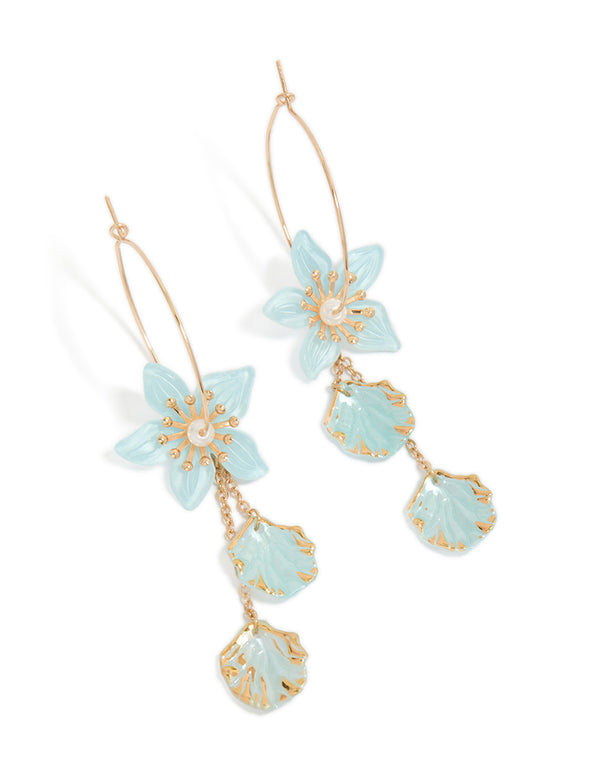 Showcasing gold aqua blue flower petal drop hoop earrings featuring charm and floral details front view