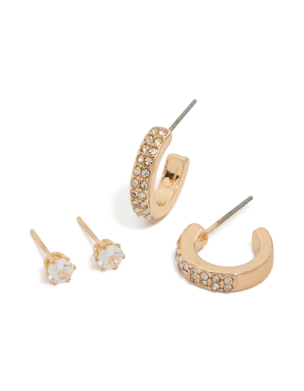 Featuring a gold diamante stud and hoop earrings set with statement style front view