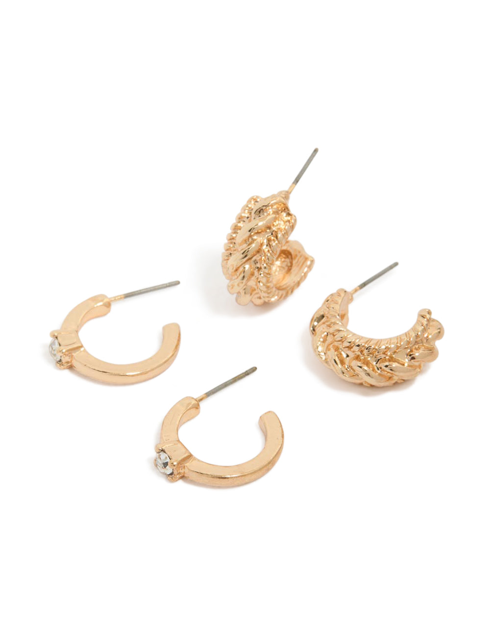 Featuring gold cable and diamante huggie earrings in a 2-pack set with huggie closure front view