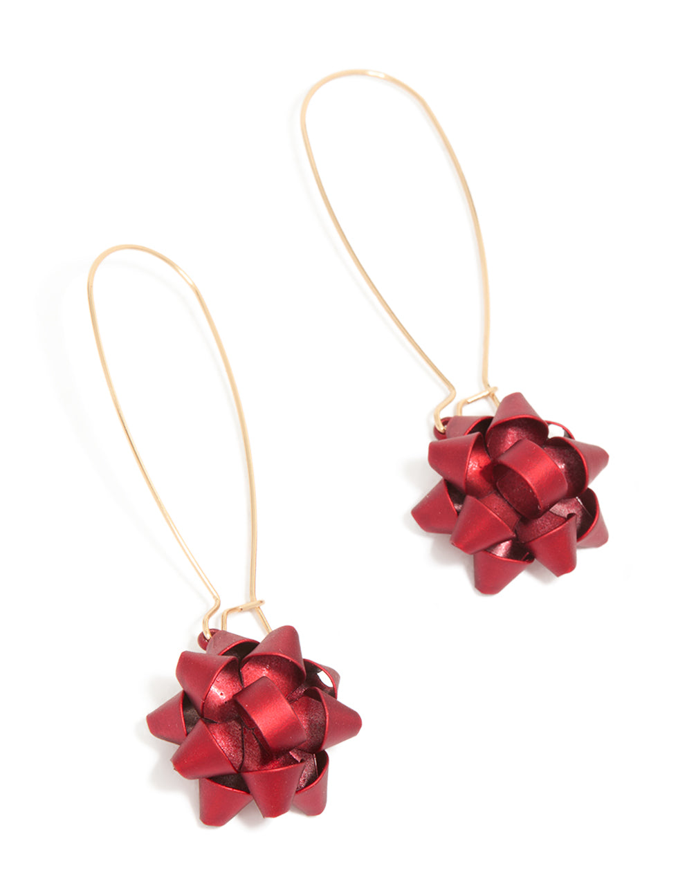 Festive hook earrings featuring bow in red and gold front view