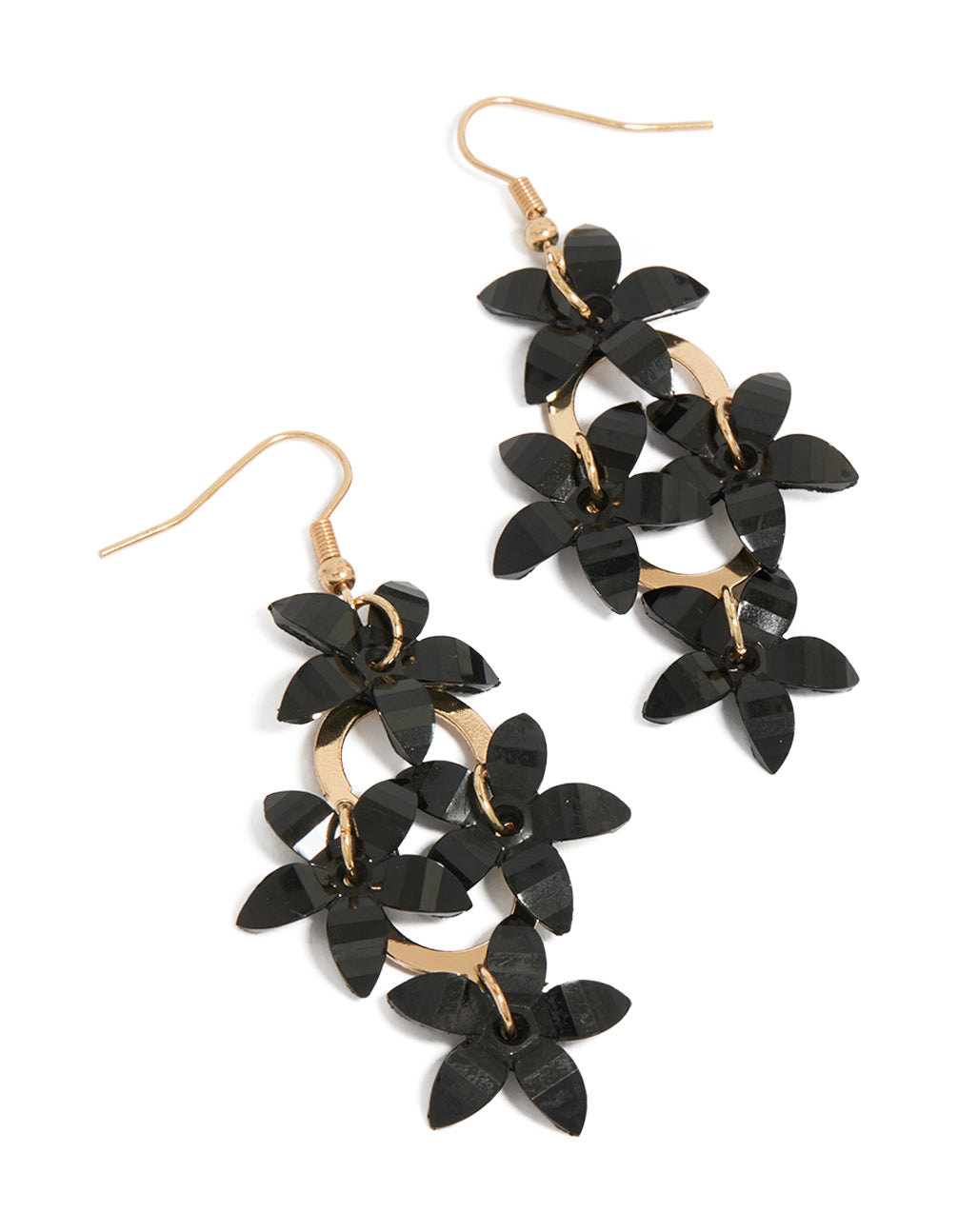 Statement drop earrings featuring four black floral elements connected by gold circular links front view