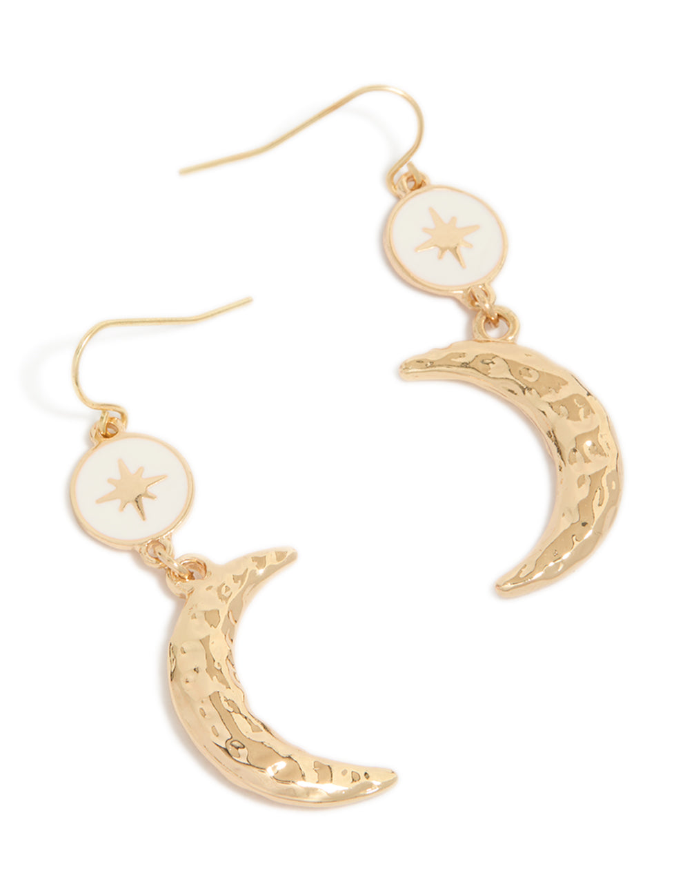 Showcasing statement drop earrings with celestial featuring star and moon in gold front view