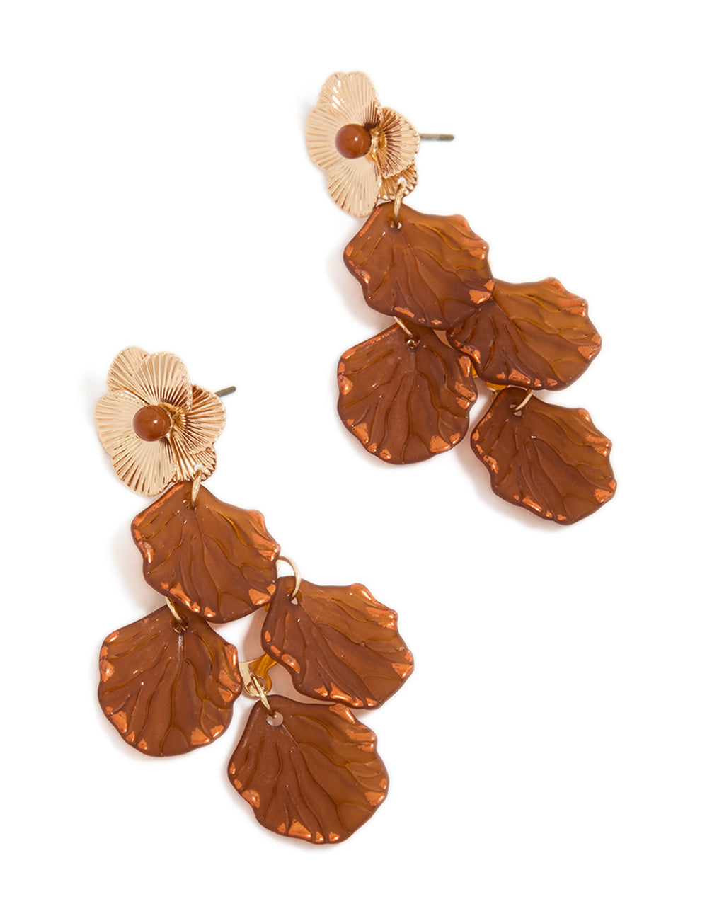 Featuring gold cognac brown petal drop stud earrings with charm details, floral design front view