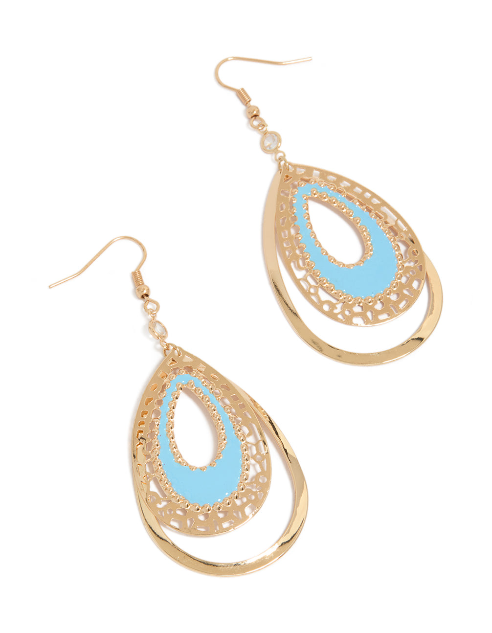 Showcasing statement gold and aqua layered teardrop drop earrings in front view