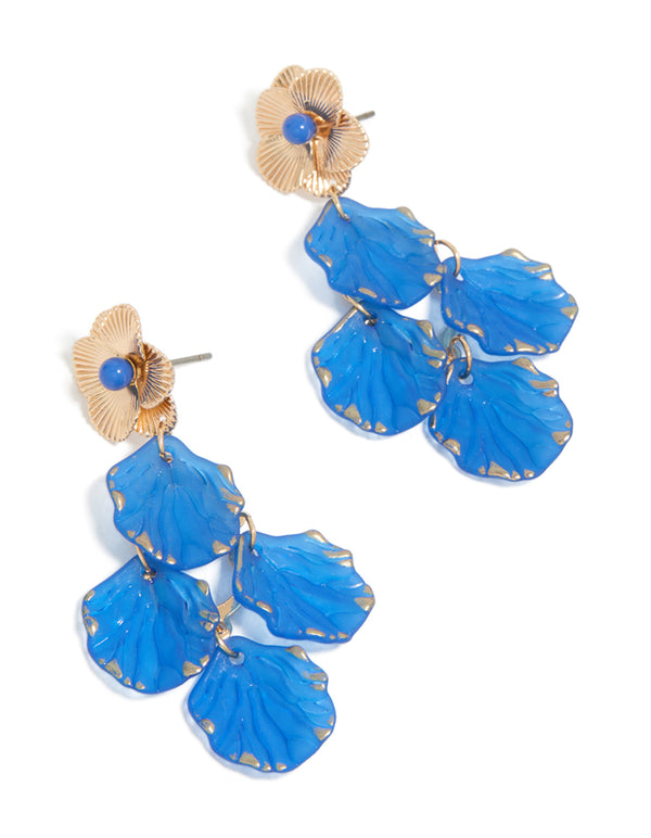 Showcasing gold blue petal drop stud earrings featuring floral design in dodger blue front view