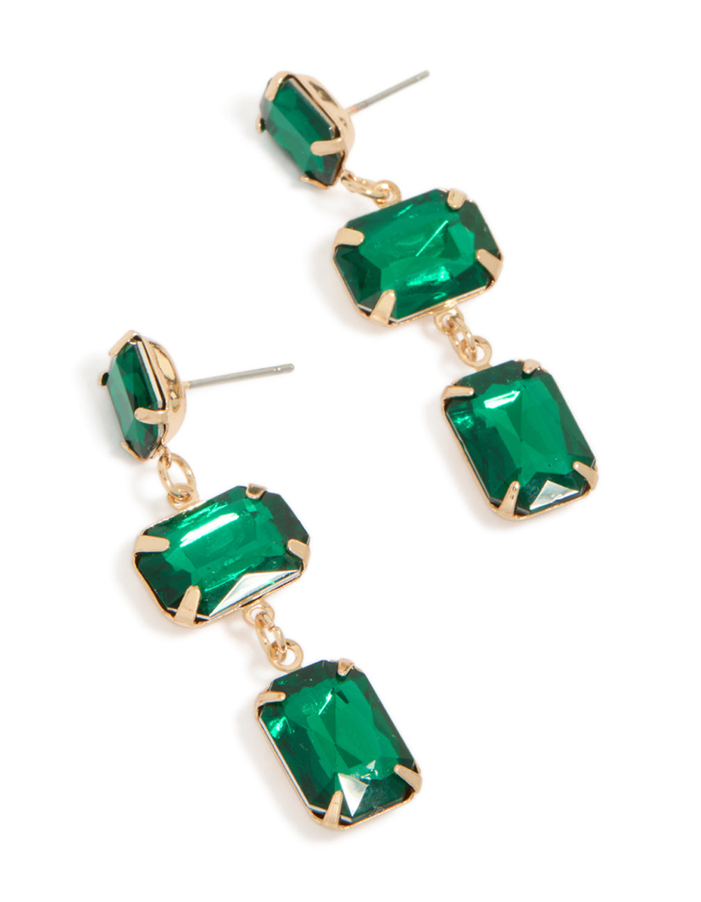 Showcasing statement drop earrings with rectangular green diamante stones set in gold finish front view