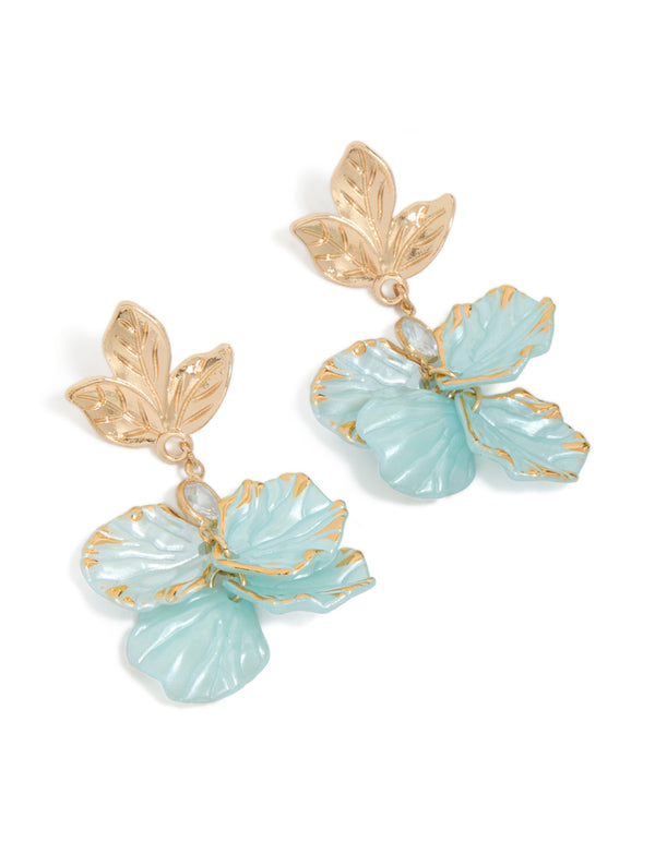 Showcasing drop earrings with petal design featuring leaf accents in light blue and gold front view