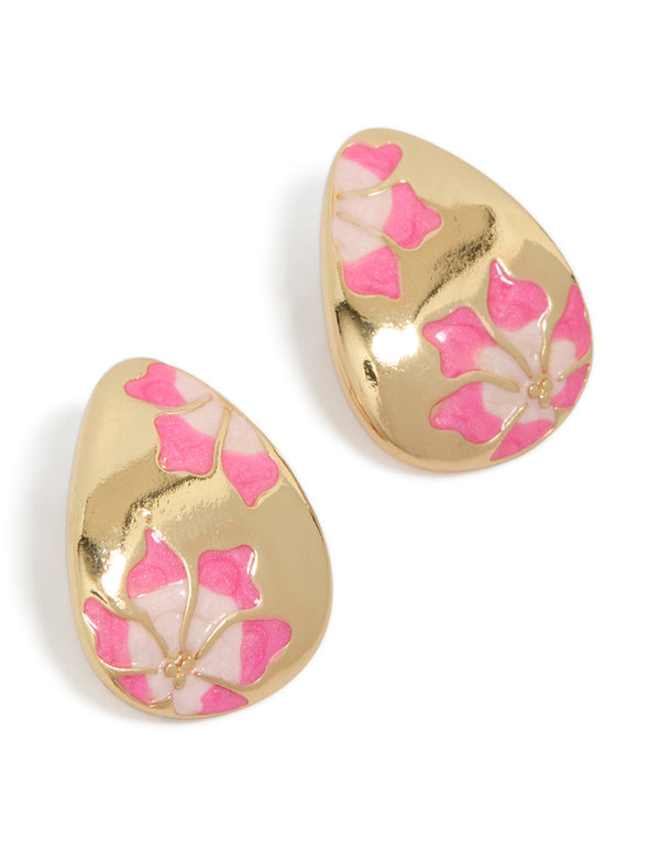 These dainty huggie hoop earrings feature painted floral details in hot pink and light pink on a gold teardrop shape front view