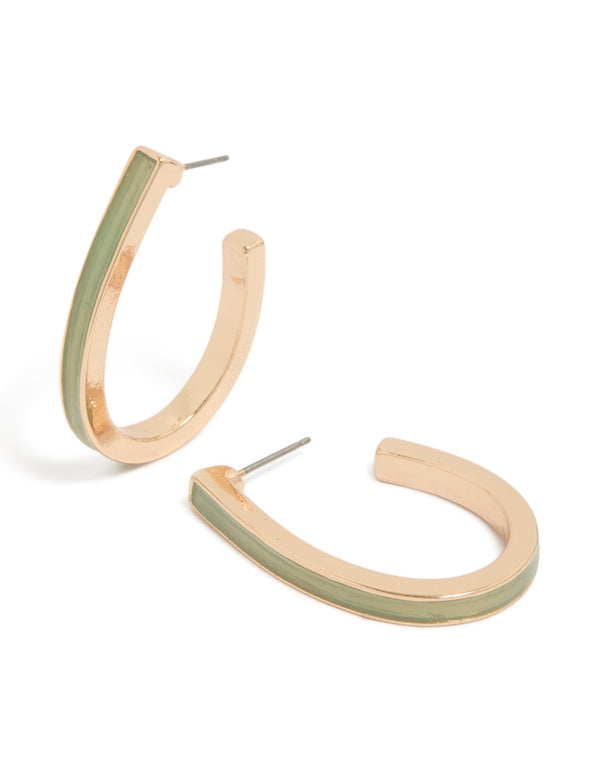 Striking gold hoop earrings featuring green enamel in an oval shape with statement styling front view