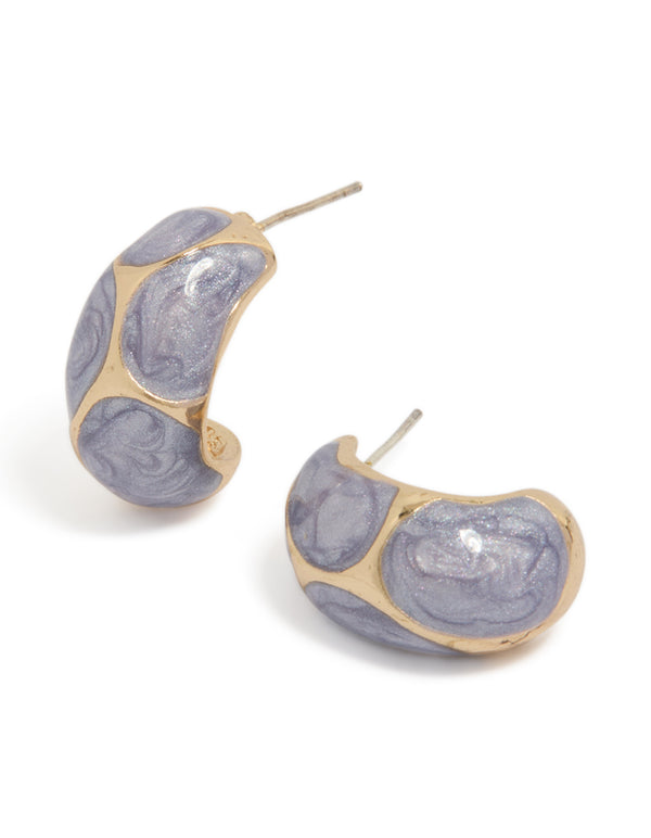 Showcasing gold marble lilac enamel huggie earrings with glitter accents in plum and lavender tones front view