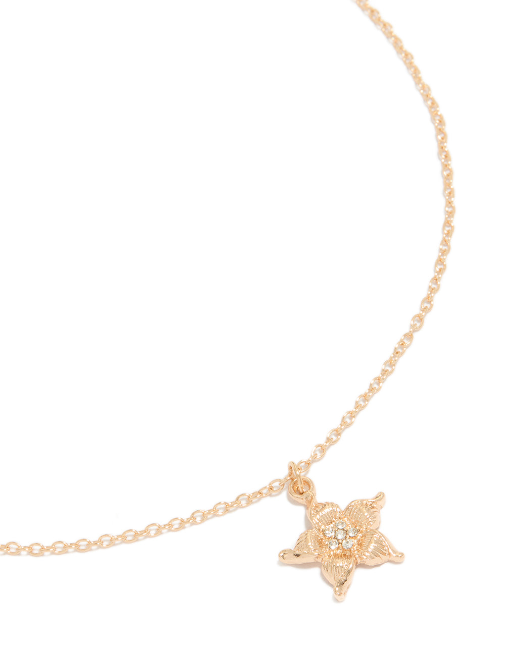 Showcasing a dainty gold cubic zirconia pendant necklace featuring floral design close up view