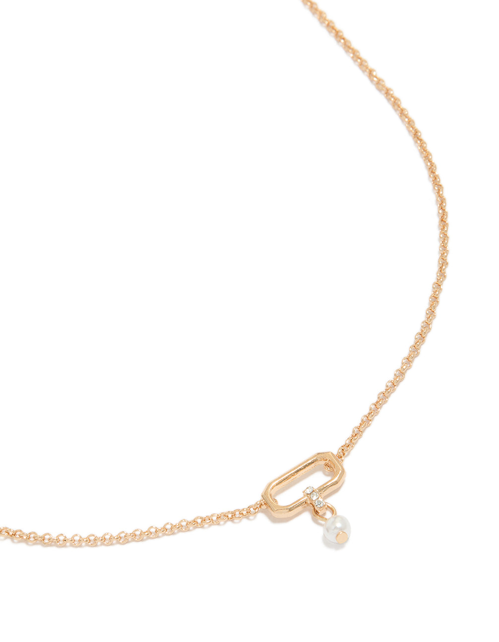 Delicate gold oval and pearl pendant necklace with dainty style close up view