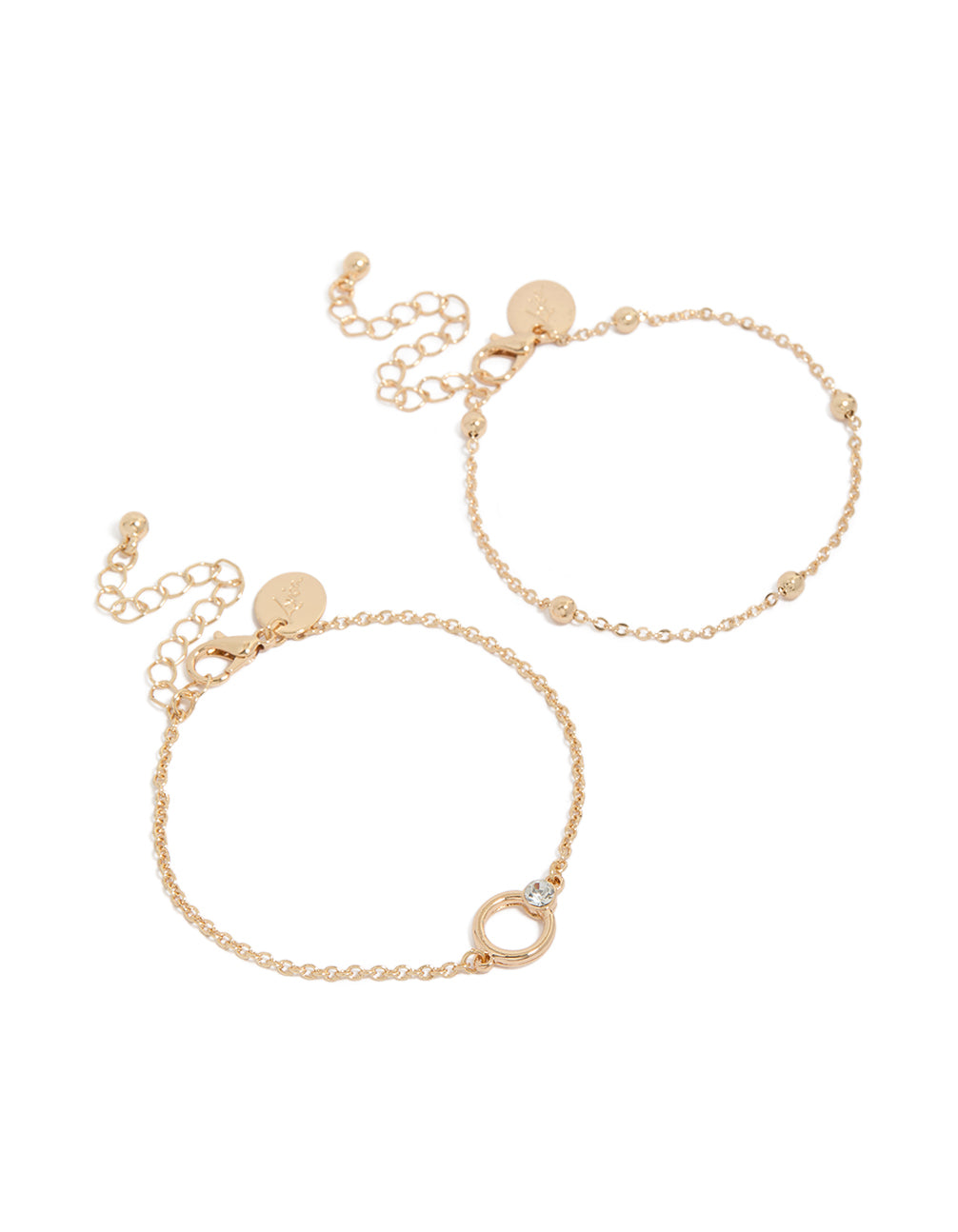 Featuring beaded bracelets in a 2-pack, crafted with gold detailing and clear diamante accents front view