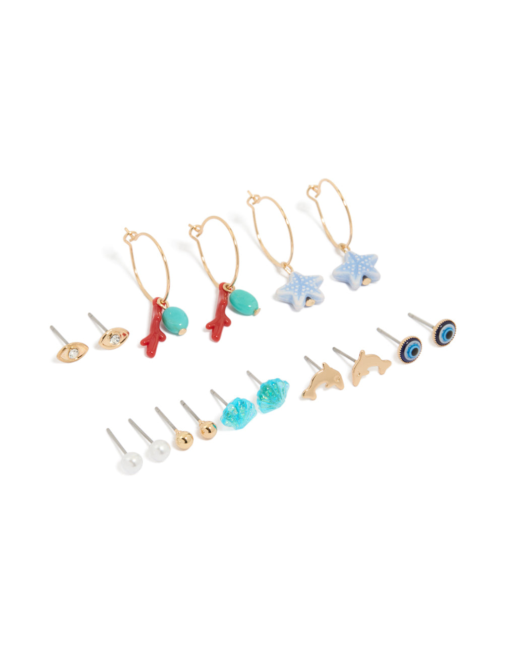 Featuring statement summer beads, charm, evil-eye, ocean, pearl, ball earrings in gold 8 pack front view