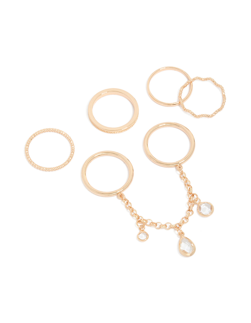 Showcasing a gold diamante and sandwich chain rings 6-pack with charm details in dainty style front view