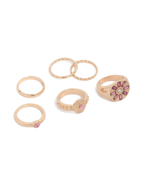 Gold Floral Diamante Signet Rings 6-Pack