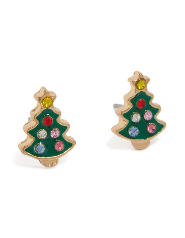 Gold Epoxy Xmas Tree Stud Earrings