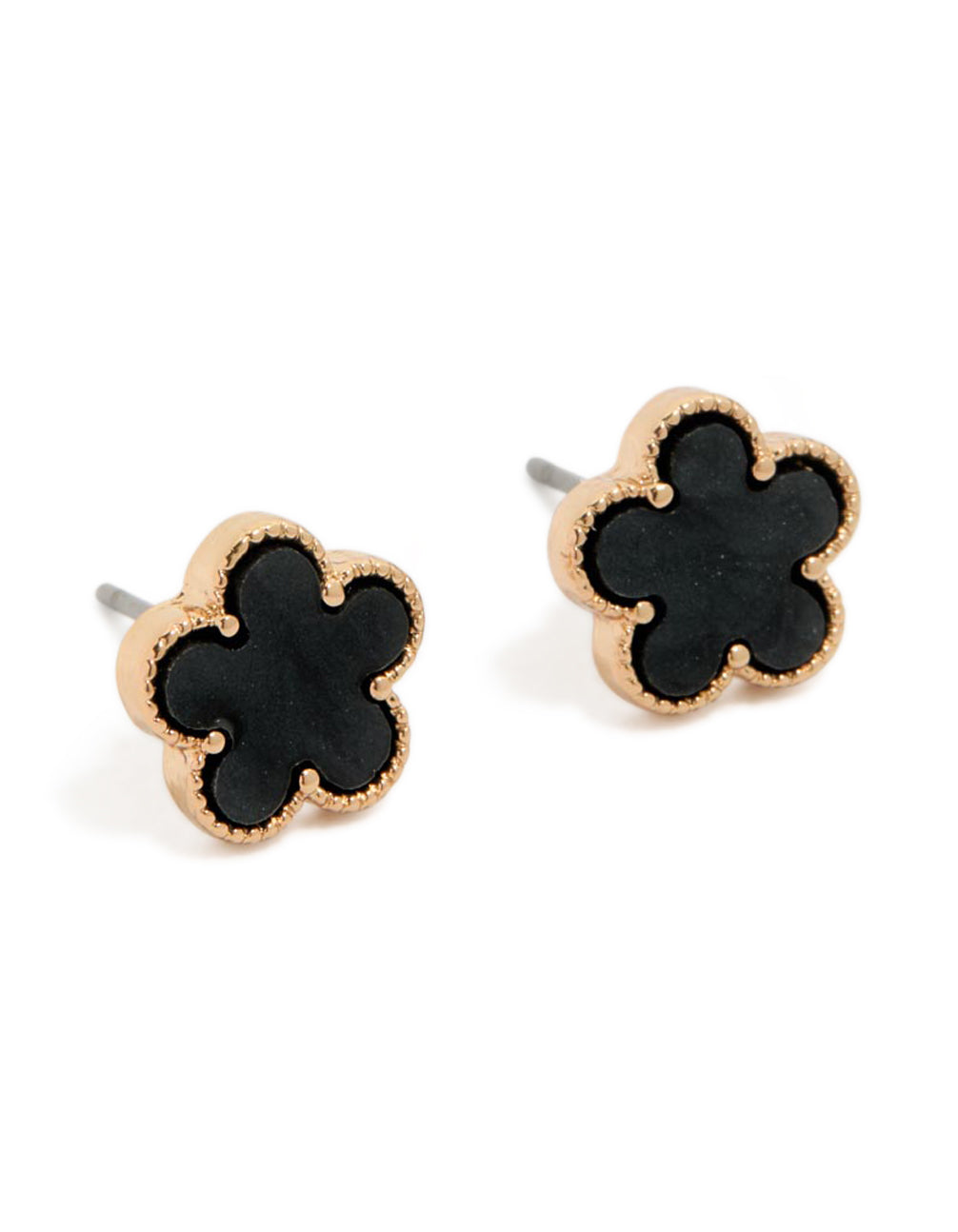 Showcasing gold black acrylic flower stud earrings with floral design front view