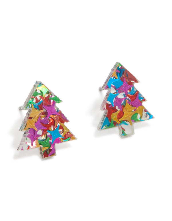 Showcasing chunky stud earrings featuring glitter tree design in fuchsia, green, gold, and aqua front view