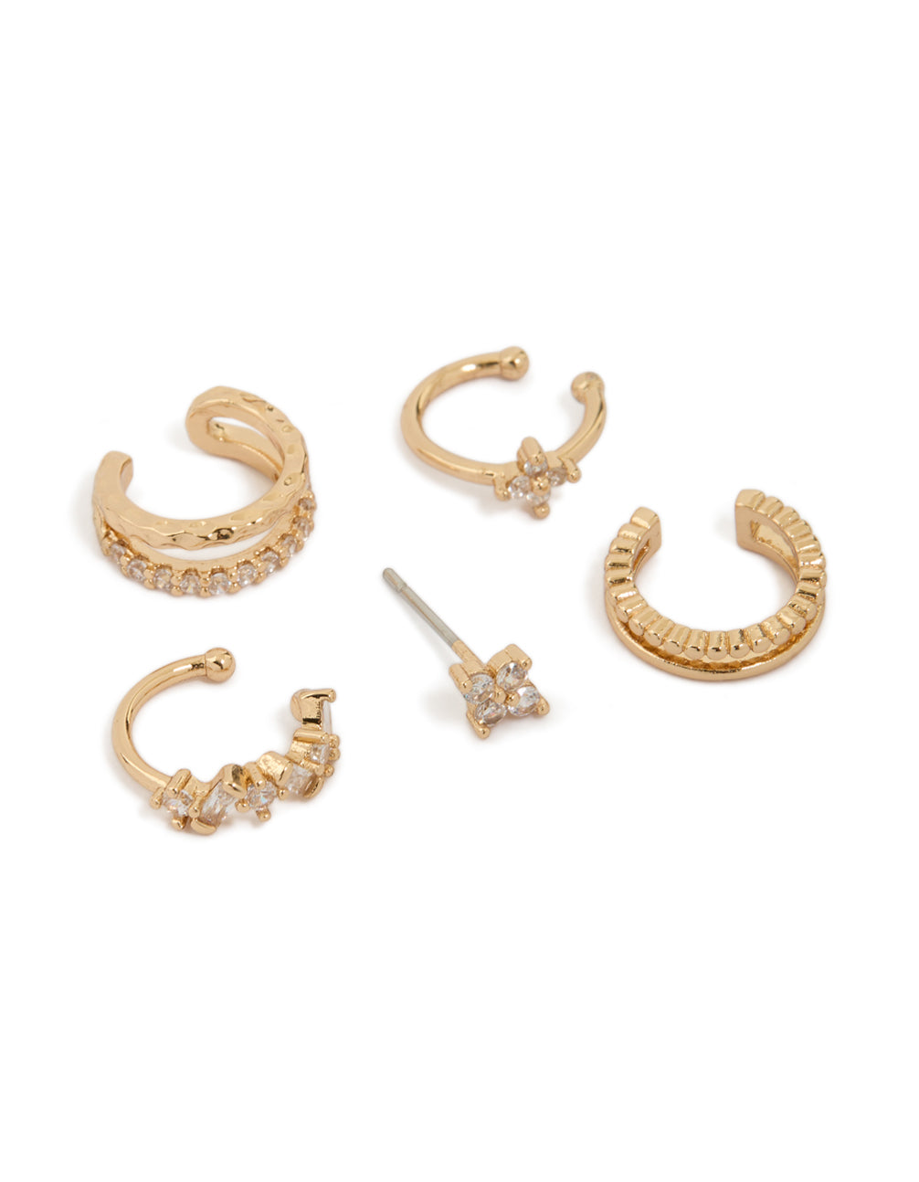 Showcasing in a 5-pack, these cubic zirconia stud and double row ear cuffs in gold front view