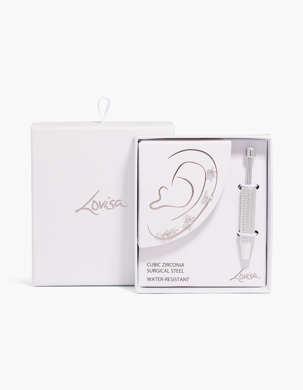 Explore this surgical steel flat back tool and floral studs pack with dainty design, cubic zirconia stones, and installation tool close up view
