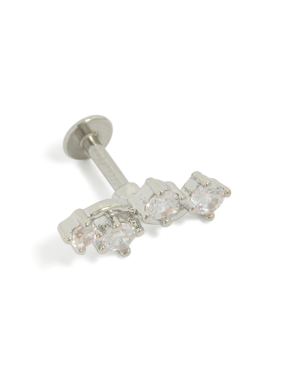 Showcasing a surgical steel wave crawler single flat back stud featuring cubic zirconia in silver and clear front view
