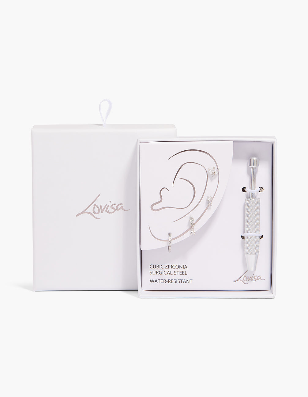 Explore this surgical steel flat back tool and cubic zirconia floral earrings pack featuring charm details with stud closure in silver and clear close up view