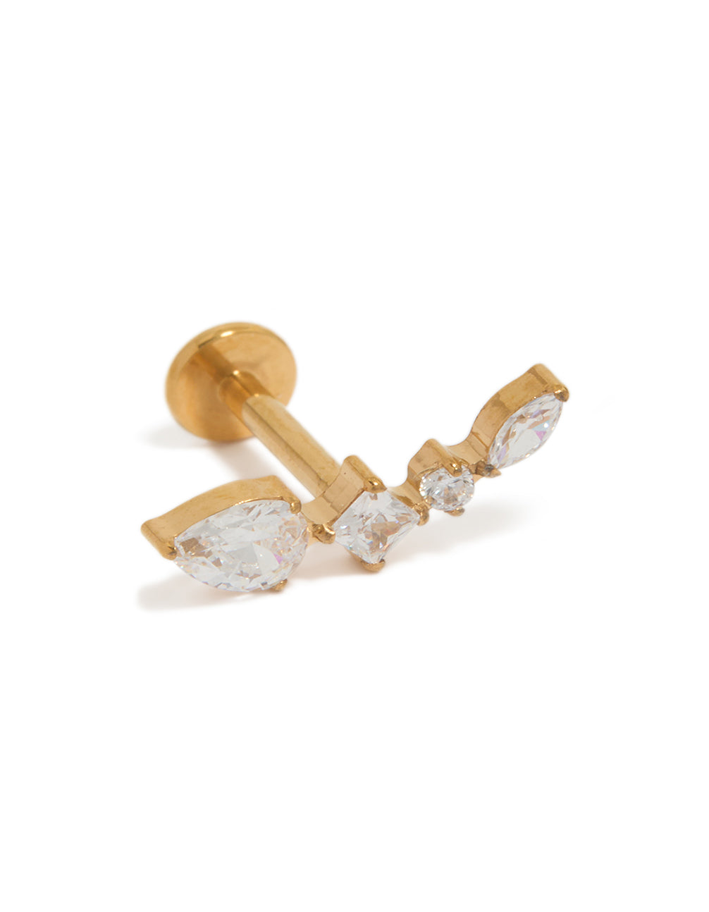 Crafted from surgical steel with cubic zirconia stones in a crawler style featuring flat back closure and gold plated finish front view