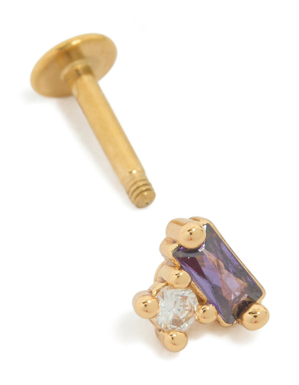 Featuring a gold plated surgical steel purple rectangle cubic zirconia single flat back stud with crystal and clear accents post detail view