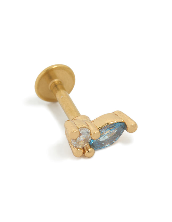 Showcasing a single flat back stud featuring marquise stone cut with cubic zirconia in surgical steel crafted from crystal and gold plated material front view